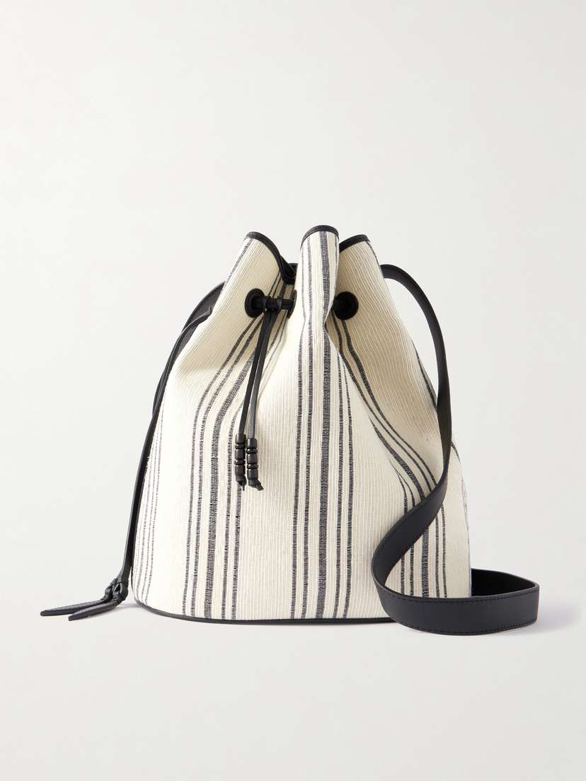Hunting Season Extra Large Drawstring Leather-trimmed Striped Fique Bucket Bag