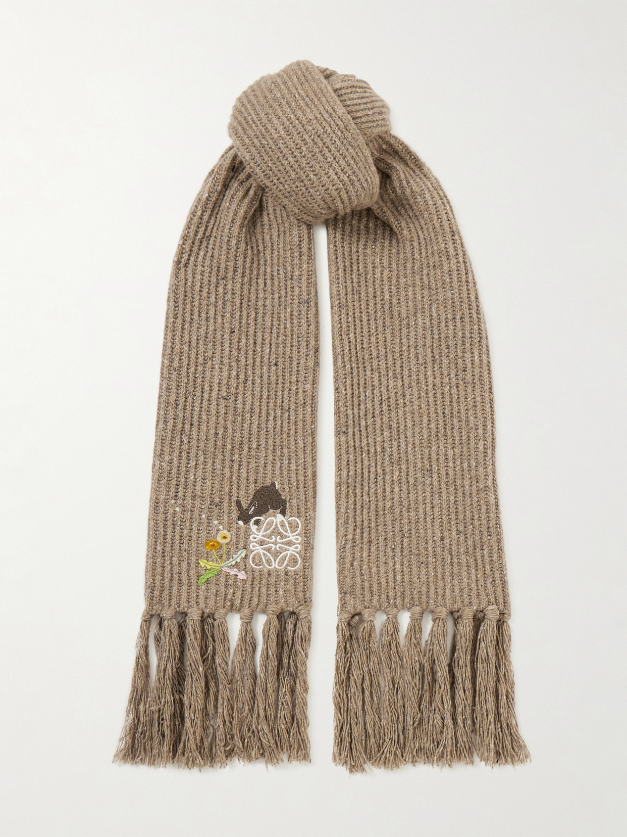 Loewe Fringed Embroidered Ribbed Wool-blend Scarf In Natural