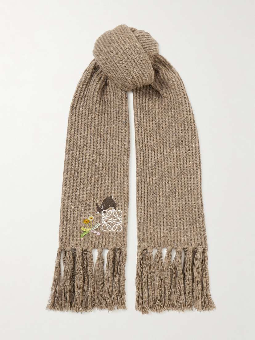 Loewe Fringed Embroidered Ribbed Wool-blend Scarf