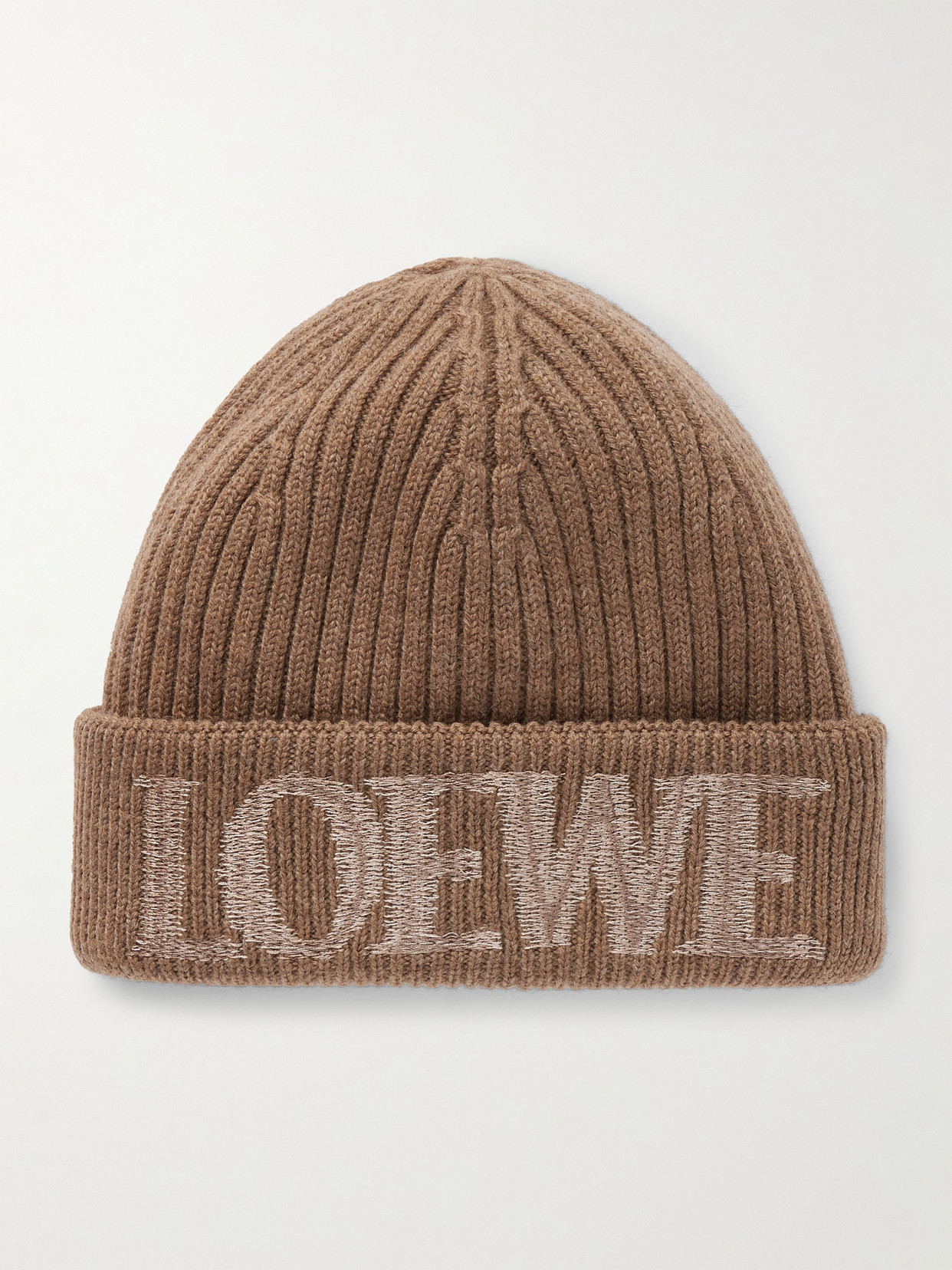 Loewe Logo Ribbed-knit Wool-blend Beanie In Brown