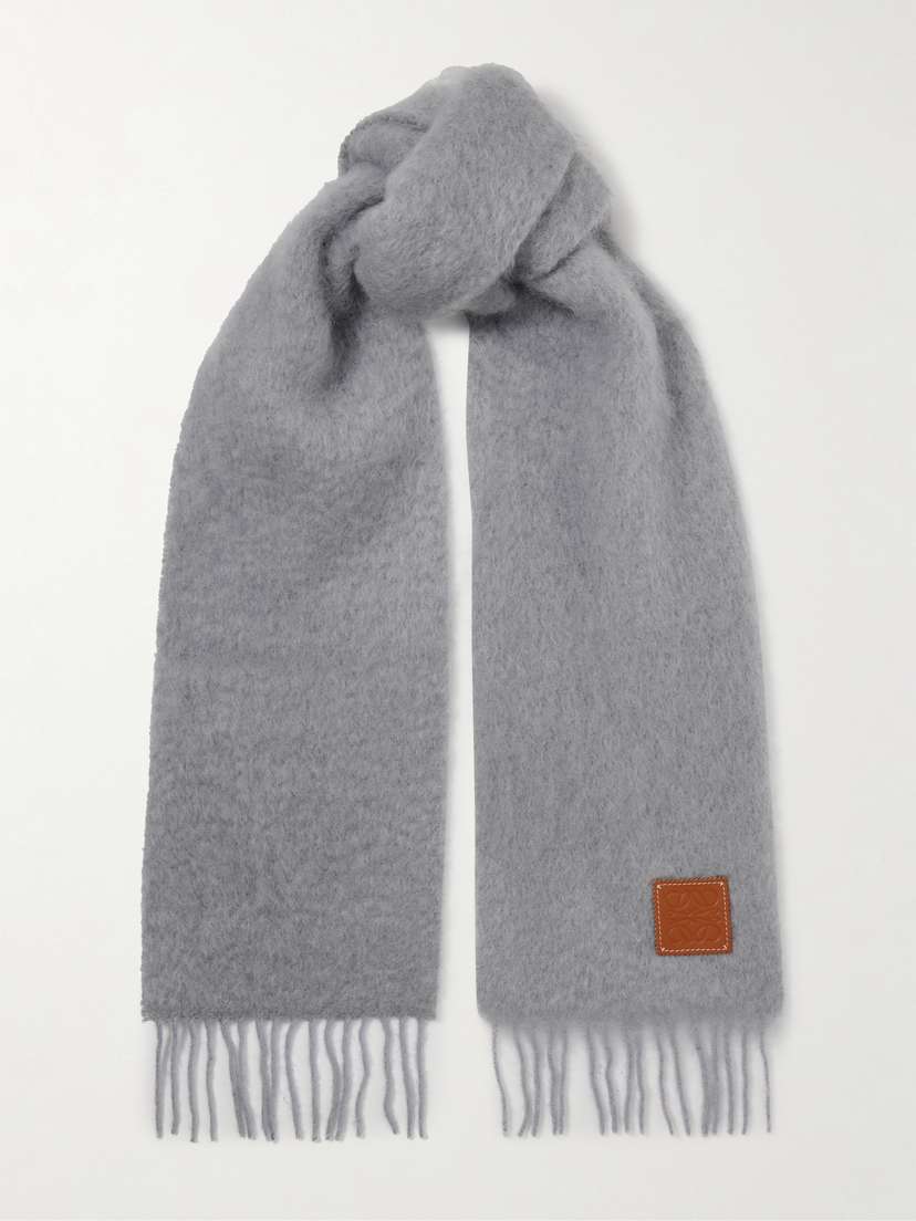 Loewe Fringed Appliquéd Leather-trimmed Brushed Mohair-blend Scarf