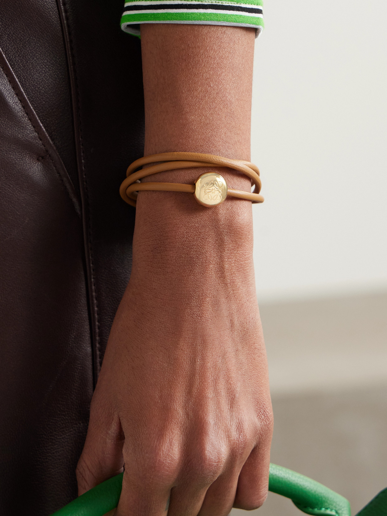 Loewe Leather And Gold-tone Wrap Bracelet In Brown