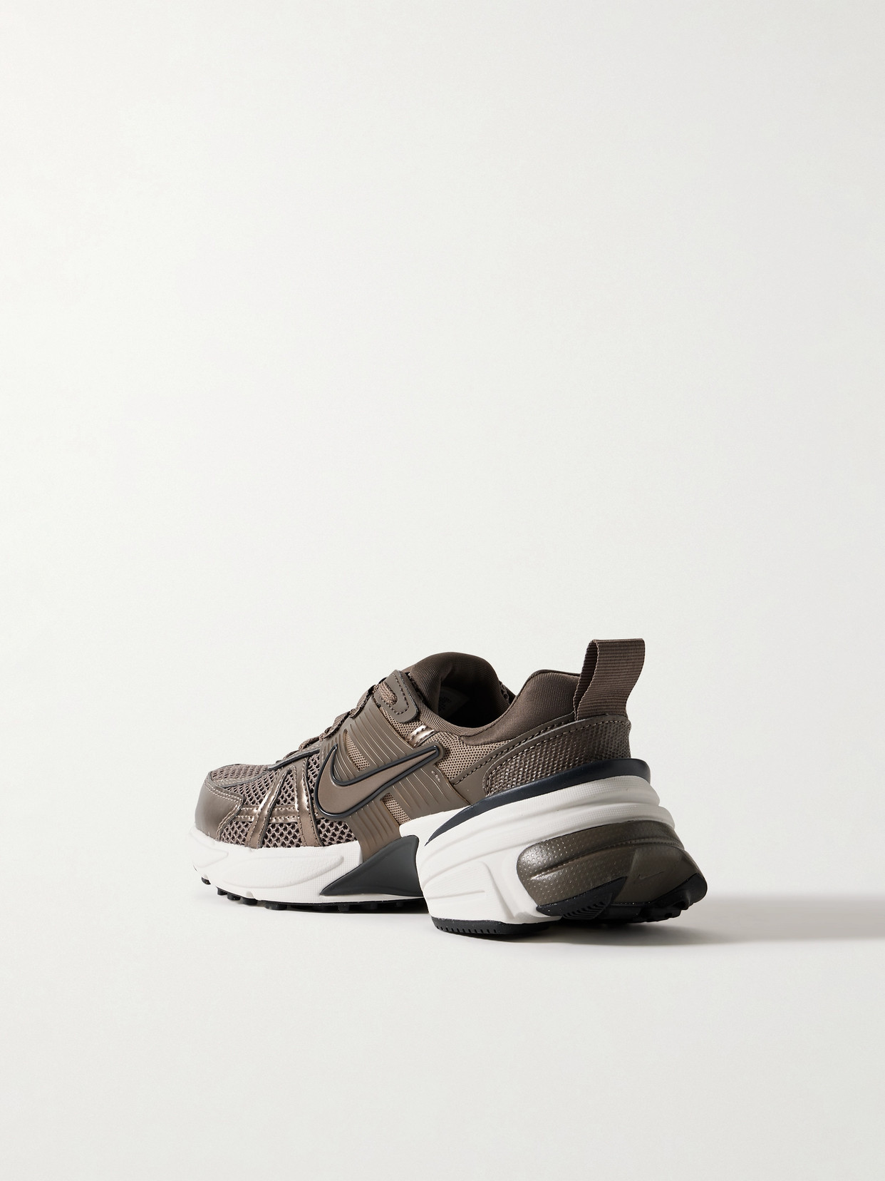 NIKE V2K METALLIC LEATHER, RUBBER AND MESH SNEAKERS