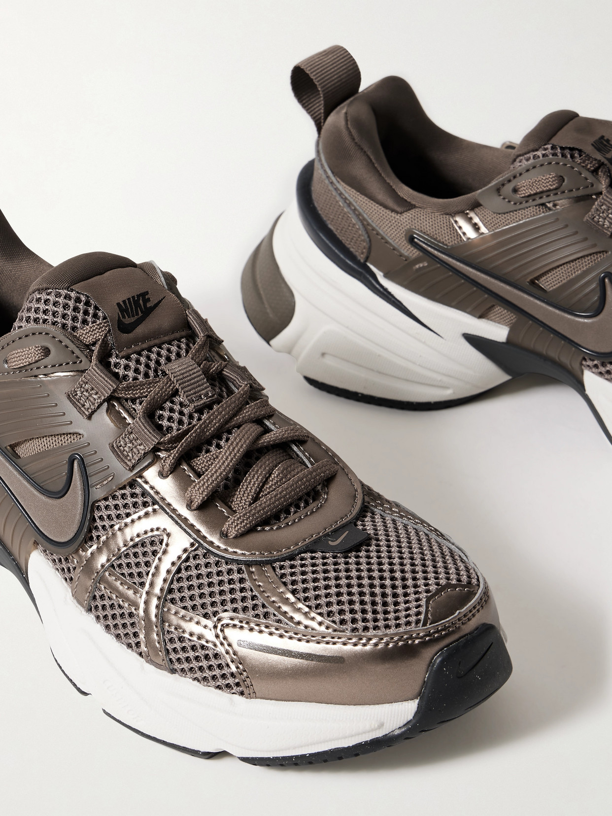 NIKE V2K METALLIC LEATHER, RUBBER AND MESH SNEAKERS