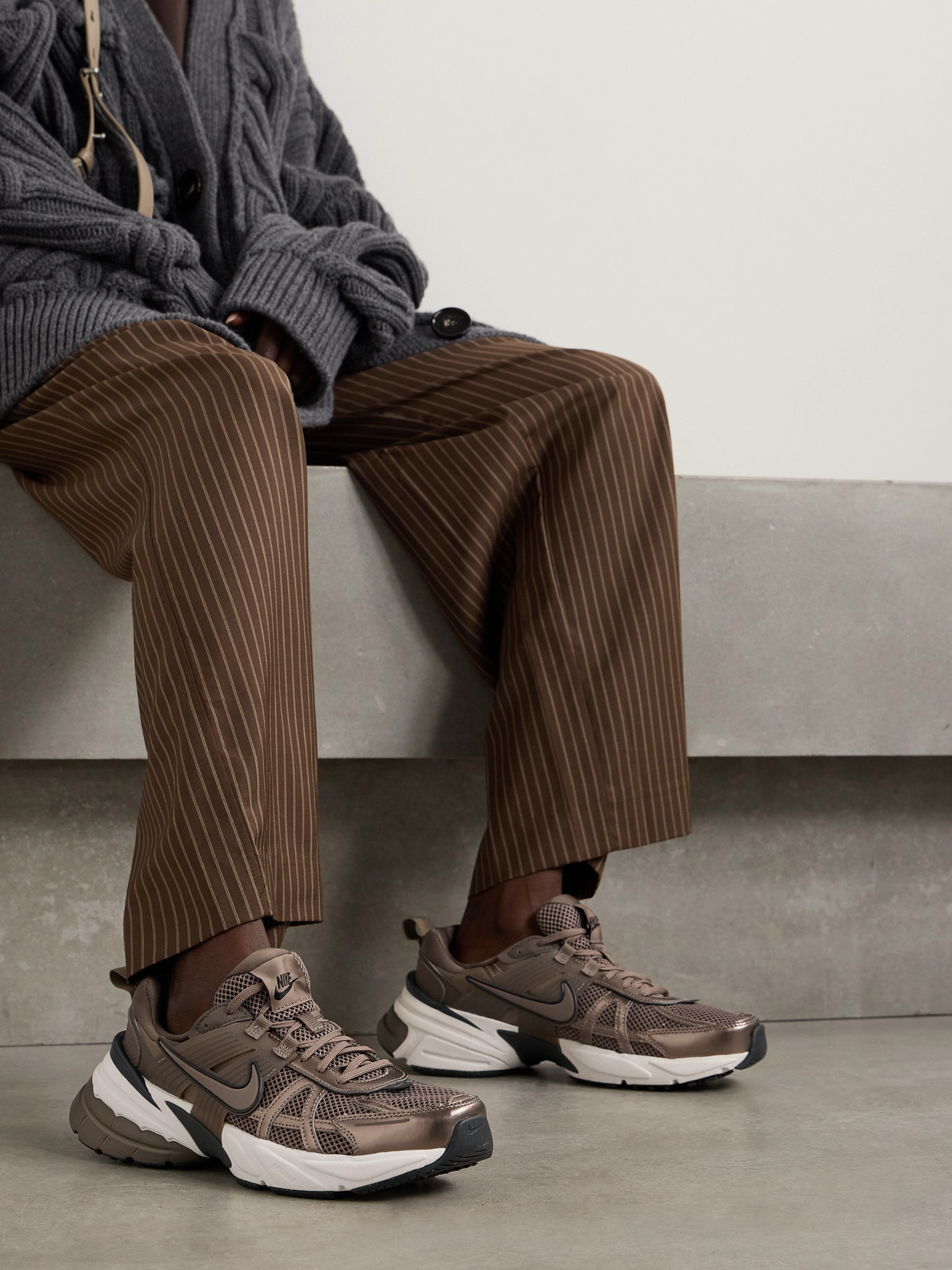NIKE V2K METALLIC LEATHER, RUBBER AND MESH SNEAKERS