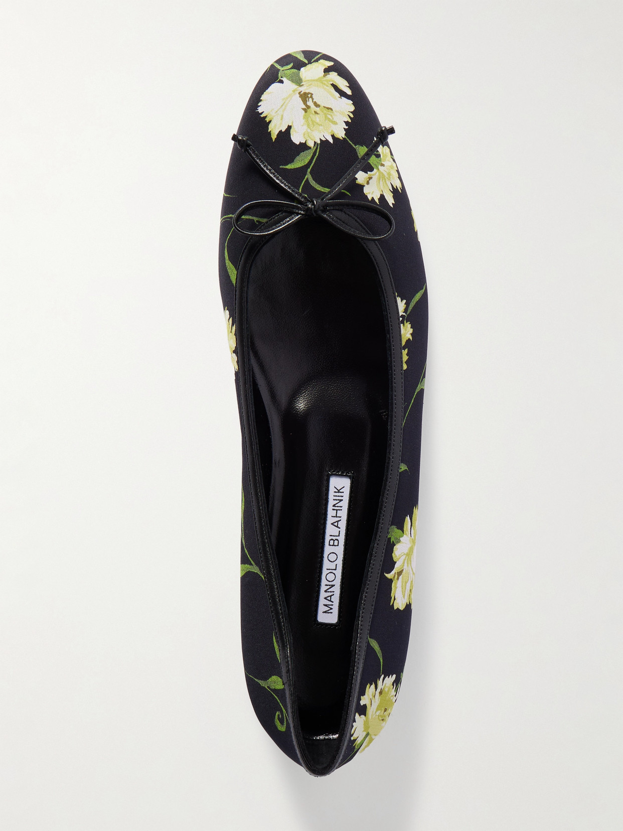 Manolo Blahnik Verallim 10 Bow-detailed Leather-trimmed Floral-print Satin Ballet Flats In Black