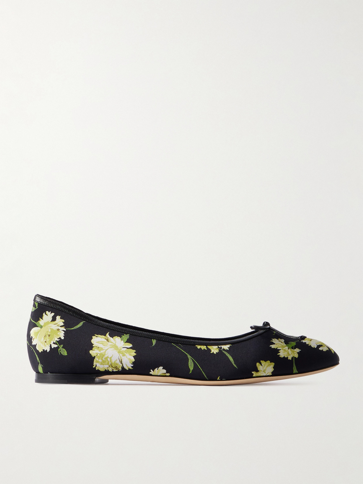Manolo Blahnik Verallim 10 Bow-detailed Leather-trimmed Floral-print Satin Ballet Flats In Black