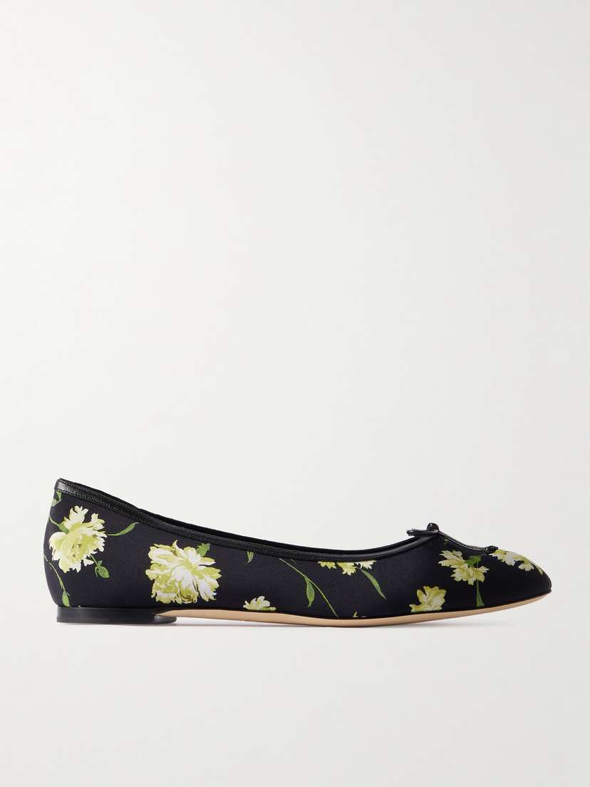 Manolo Blahnik Verallim 10 Bow-detailed Leather-trimmed Floral-print Satin Ballet Flats