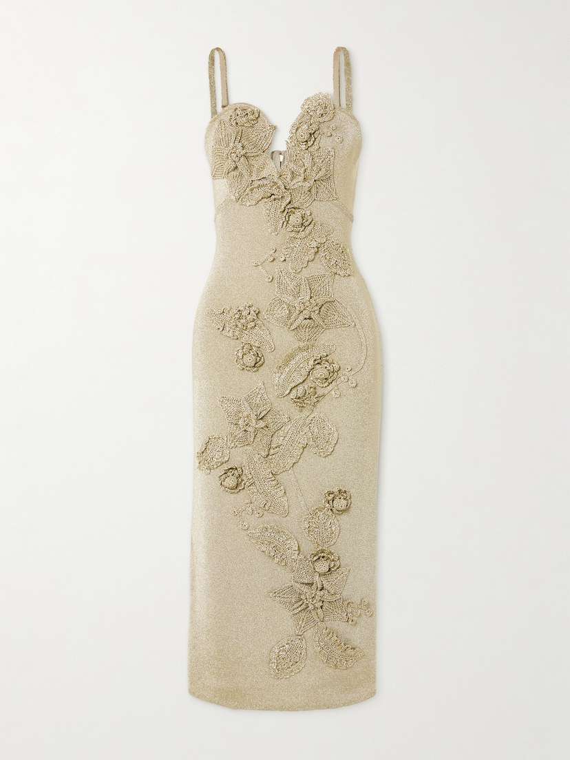 Cult Gaia Soraiya Cutout Appliquéd Metallic Ribbed-knit Midi Dress