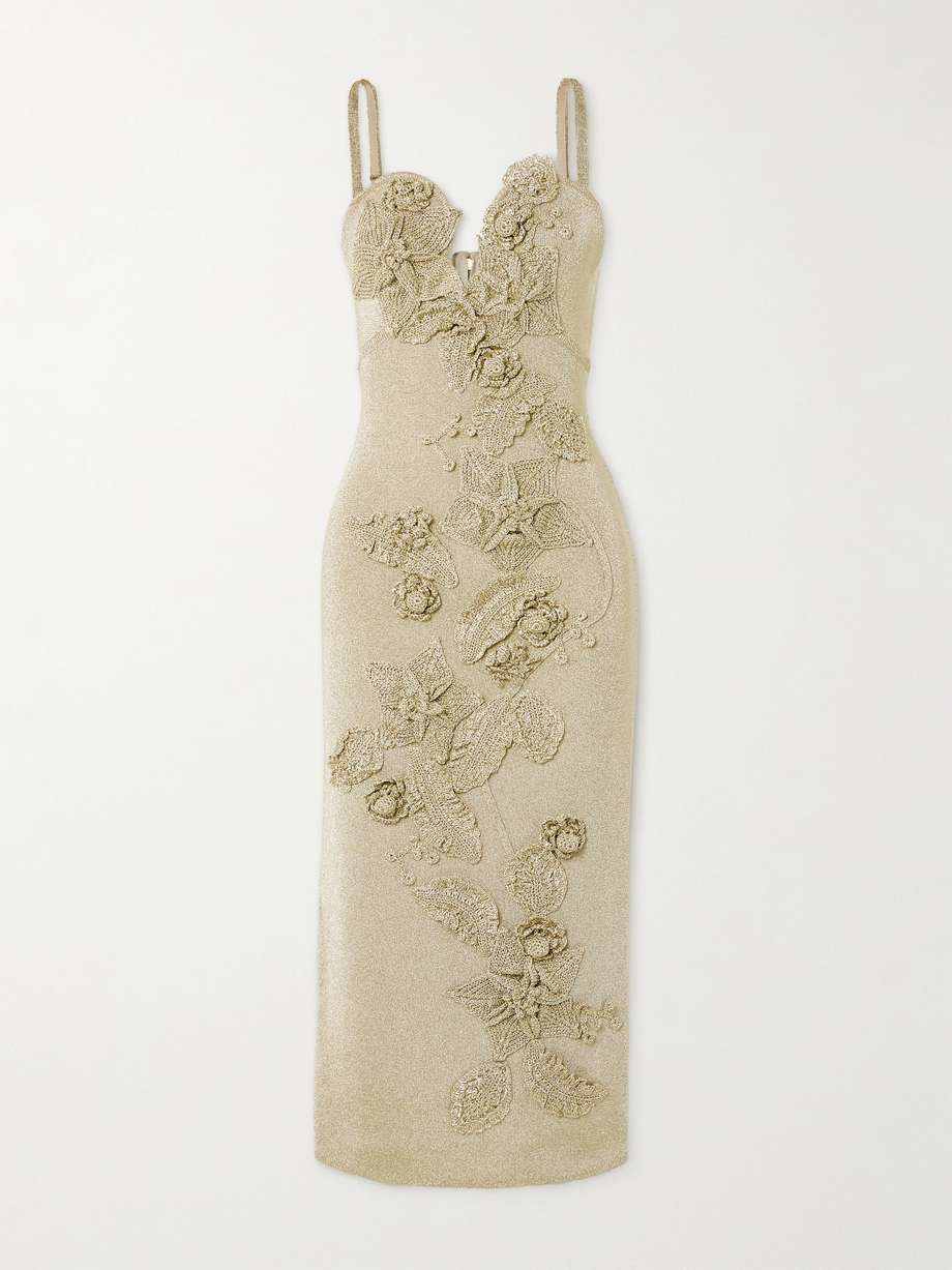 soraiya cutout appliquéd metallic ribbed-knit midi dress