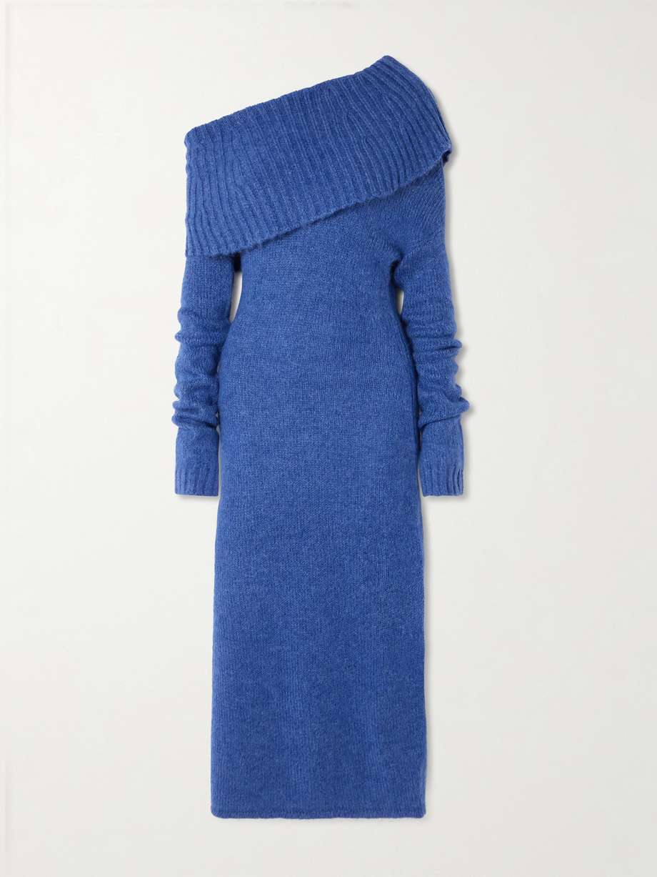 grayson off-the-shoulder recycled knitted midi dress