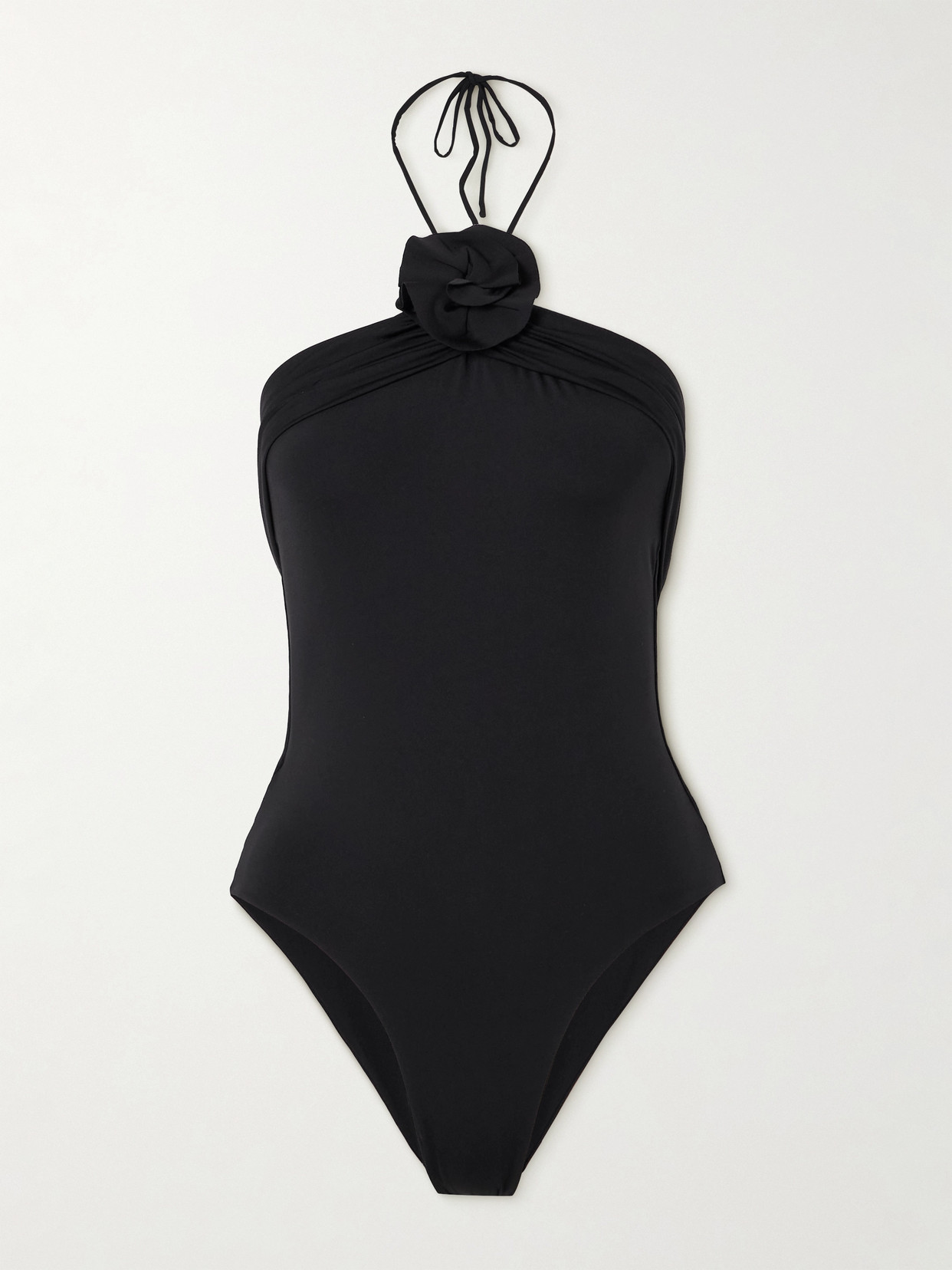 Maygel Coronel Agapi Floral-appliquéd Ruched Halterneck Swimsuit In Black
