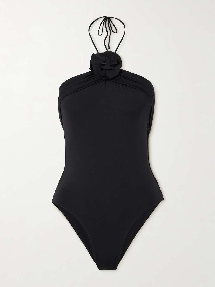 Maygel Coronel Agapi Floral-appliquéd Ruched Halterneck Swimsuit