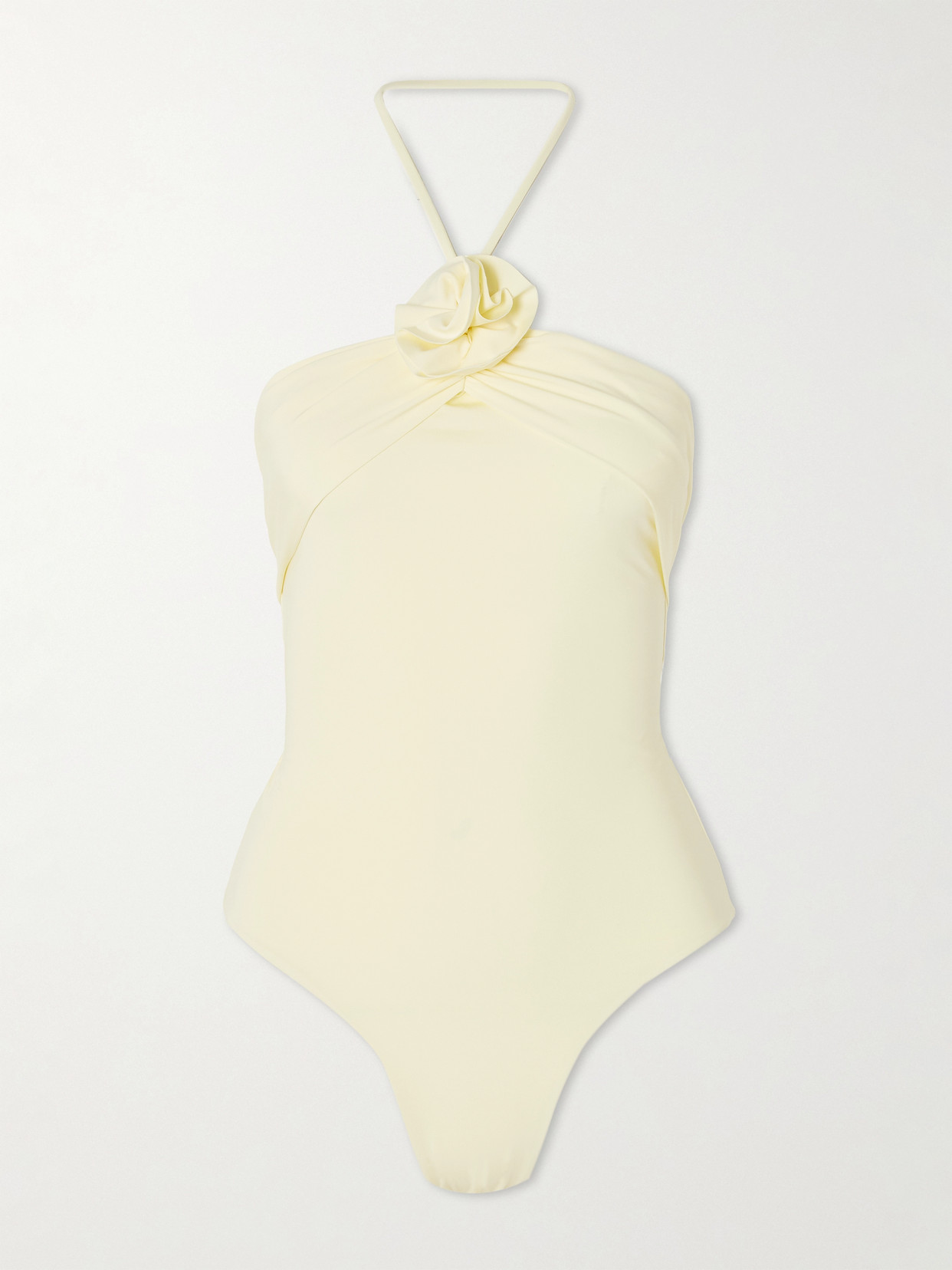 Maygel Coronel Agapi Floral-appliquéd Ruched Halterneck Swimsuit In Yellow