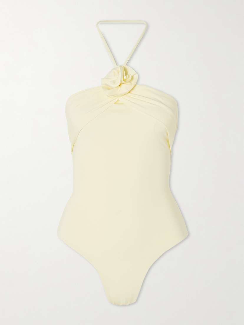 Maygel Coronel Agapi Floral-appliquéd Ruched Halterneck Swimsuit