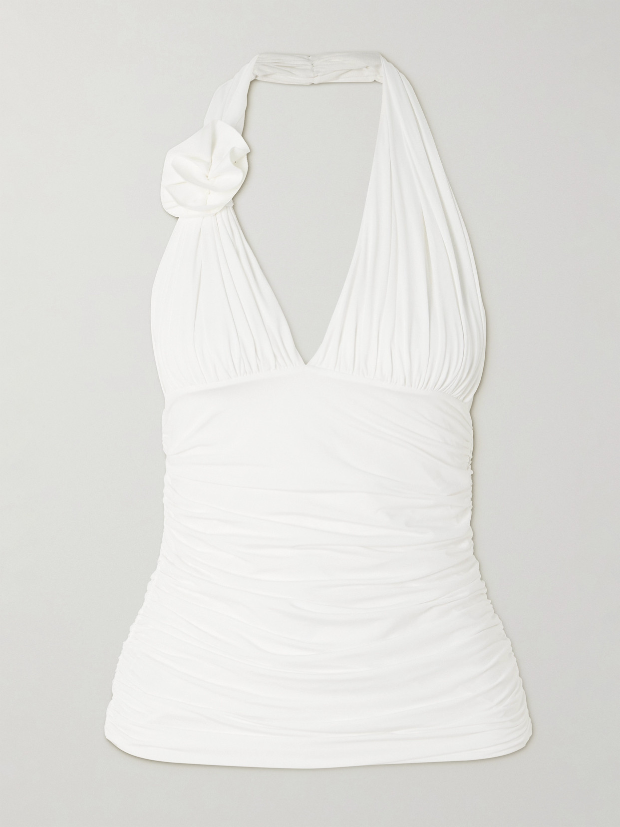 Maygel Coronel Galini Appliquéd Ruched Stretch-jersey Halterneck Top In Off-white