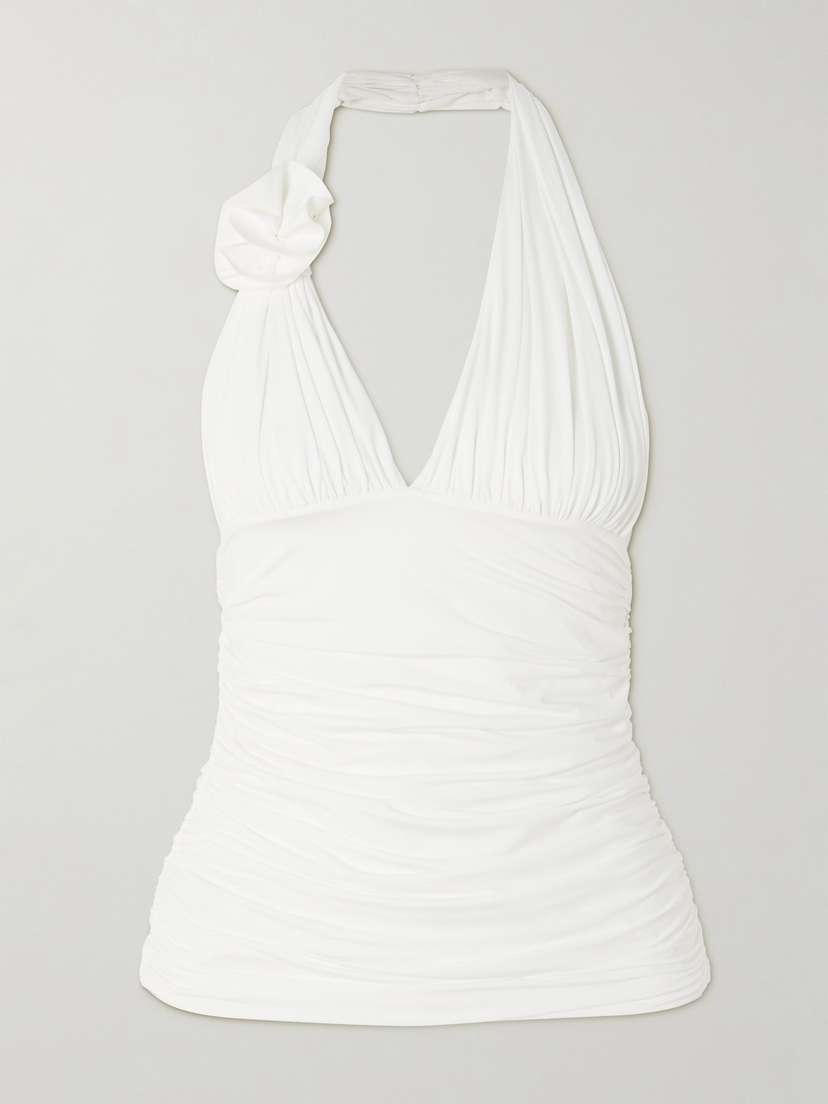 Maygel Coronel Galini Appliquéd Ruched Stretch-jersey Halterneck Top