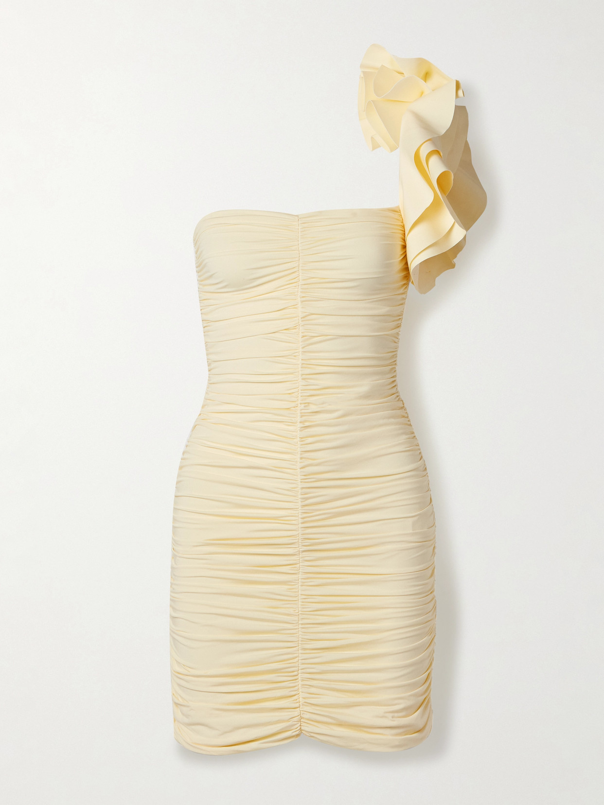 Maygel Coronel Equinoccio One-shoulder Ruched Stretch-jersey Mini Dress In Yellow