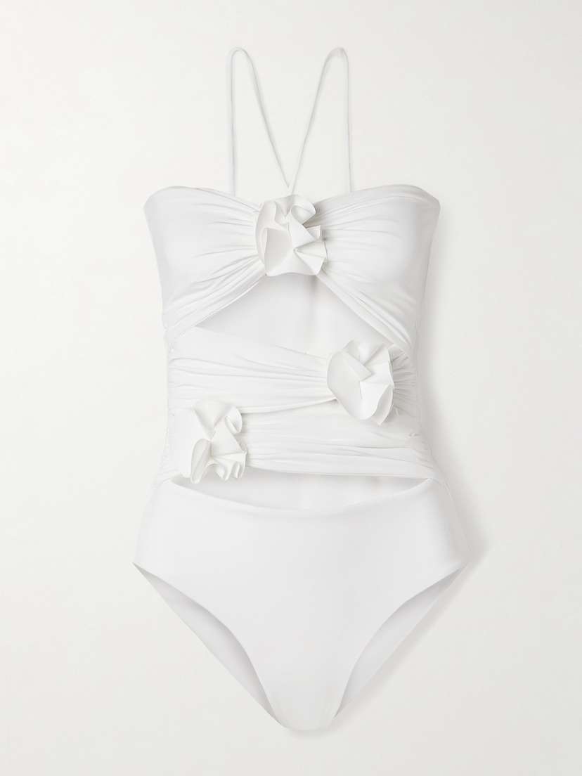 Maygel Coronel Trinitaria Cutout Appliquéd Ruched Swimsuit
