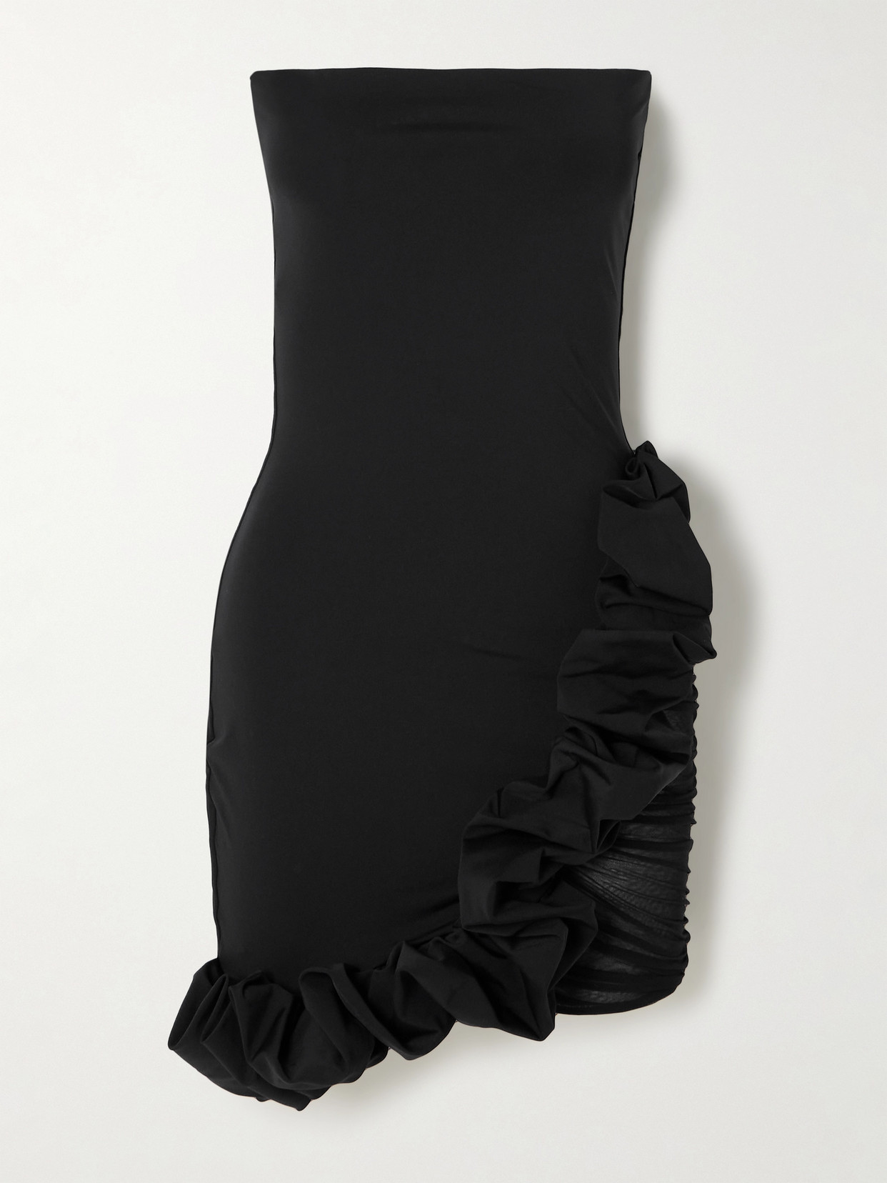 Maygel Coronel Chari Strapless Tulle-trimmed Ruffled Stretch-jersey Mini Dress In Black