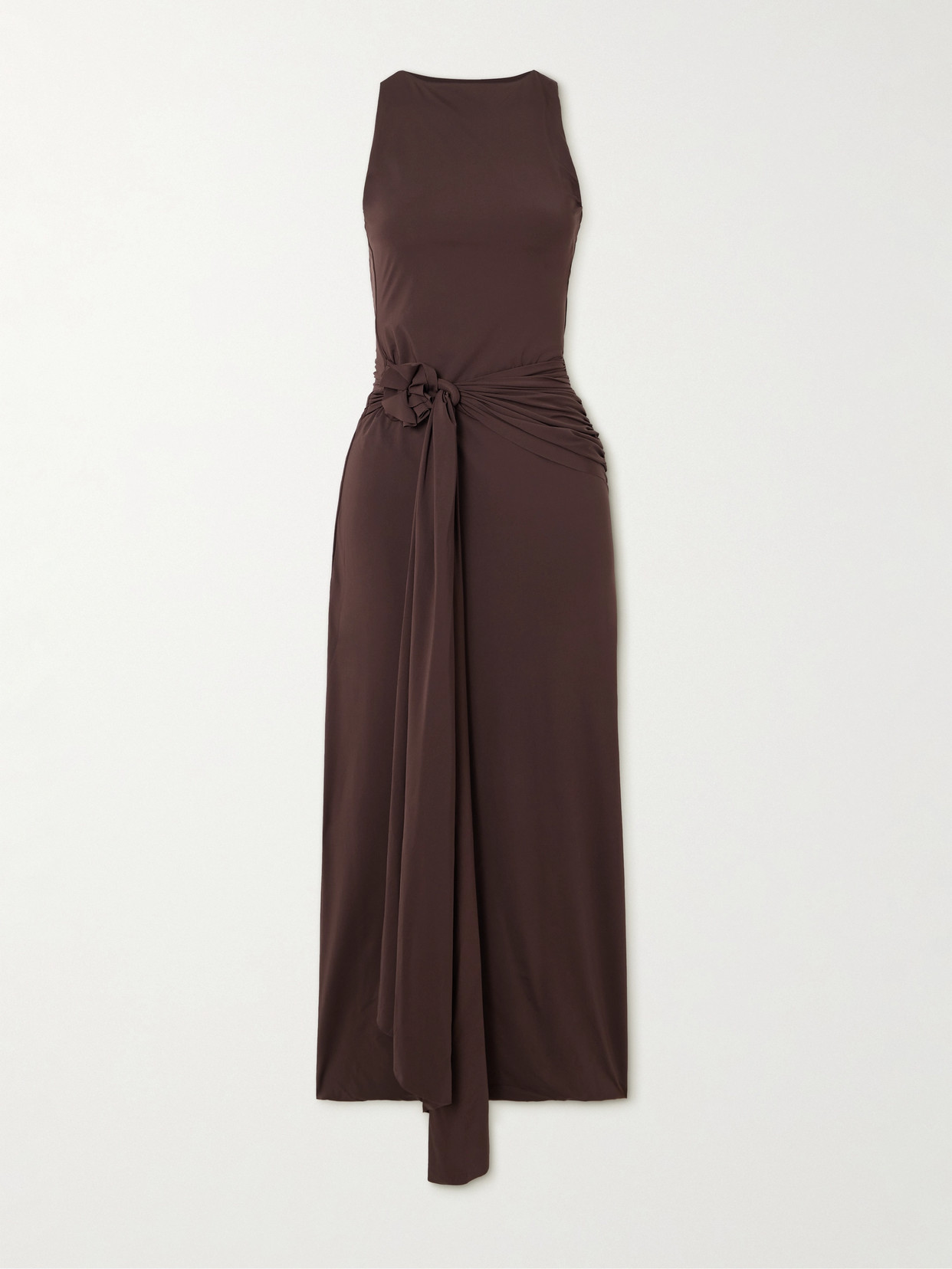 Maygel Coronel Tirso Open-back Appliquéd Knotted Stretch-jersey Midi Dress In Brown