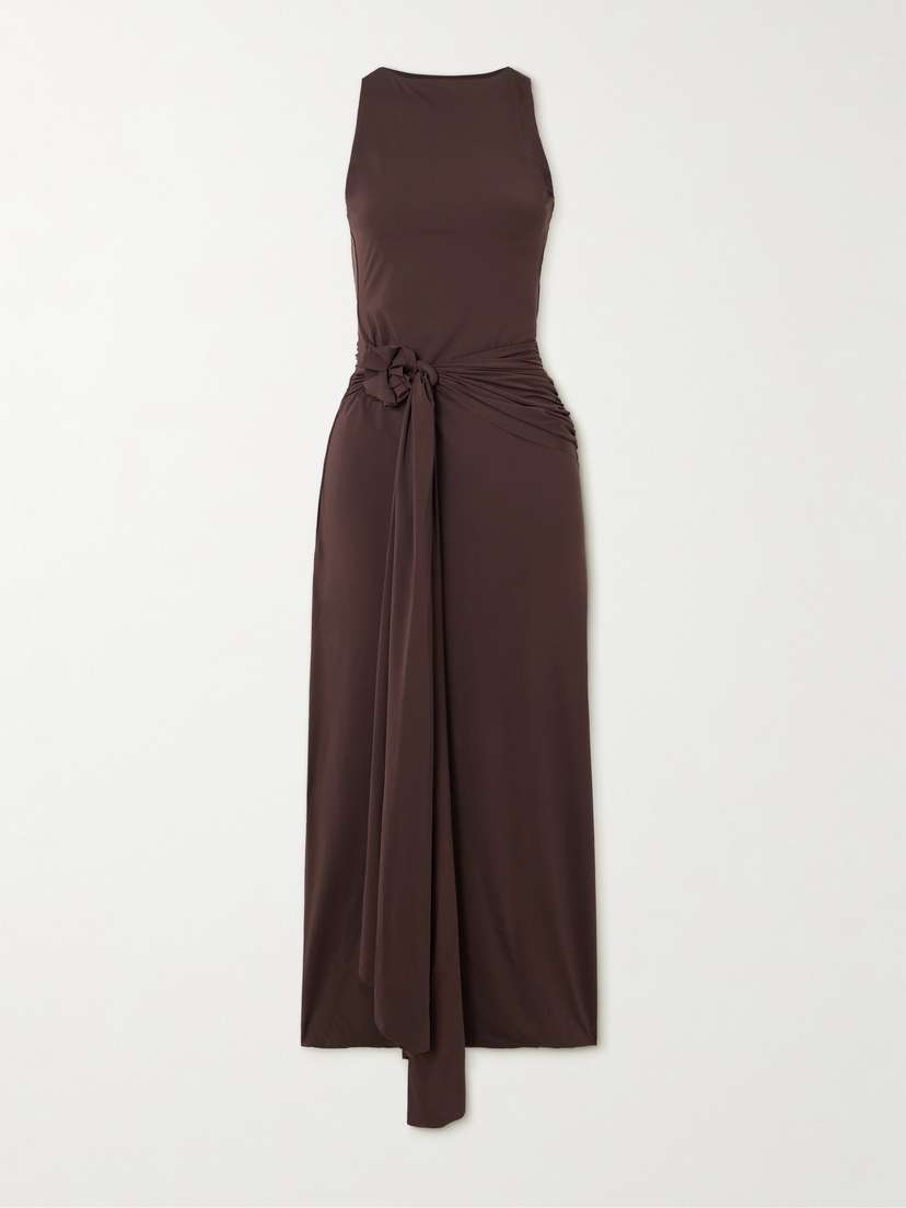 Maygel Coronel Tirso Open-back Appliquéd Knotted Stretch-jersey Midi Dress