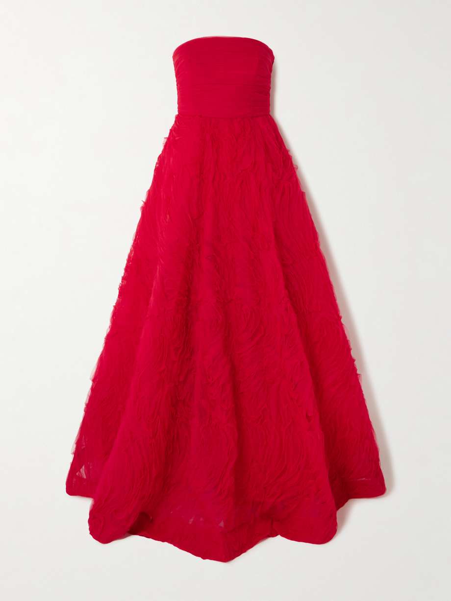 fernanda strapless pleated ruffled tulle gown