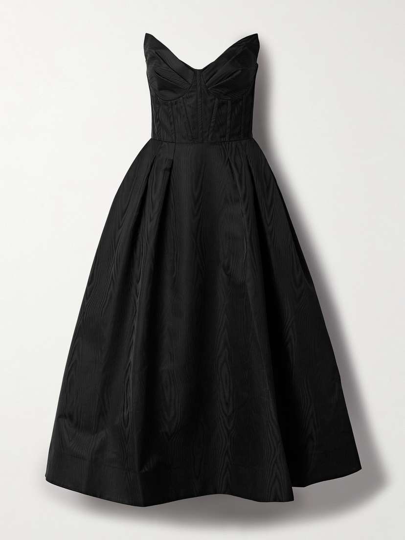 Rebecca Vallance Luiza Strapless Pleated Moire Midi Dress