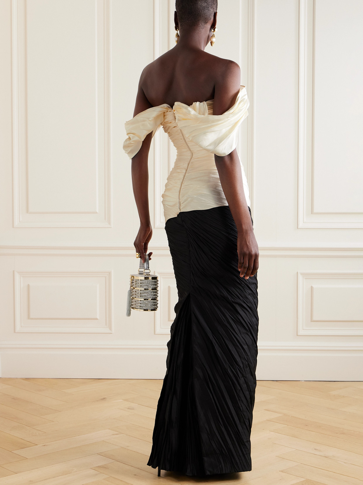 Marmar Halim Off-the-shoulder Pleated Two-tone Mikado And Taffeta Gown In Off-white