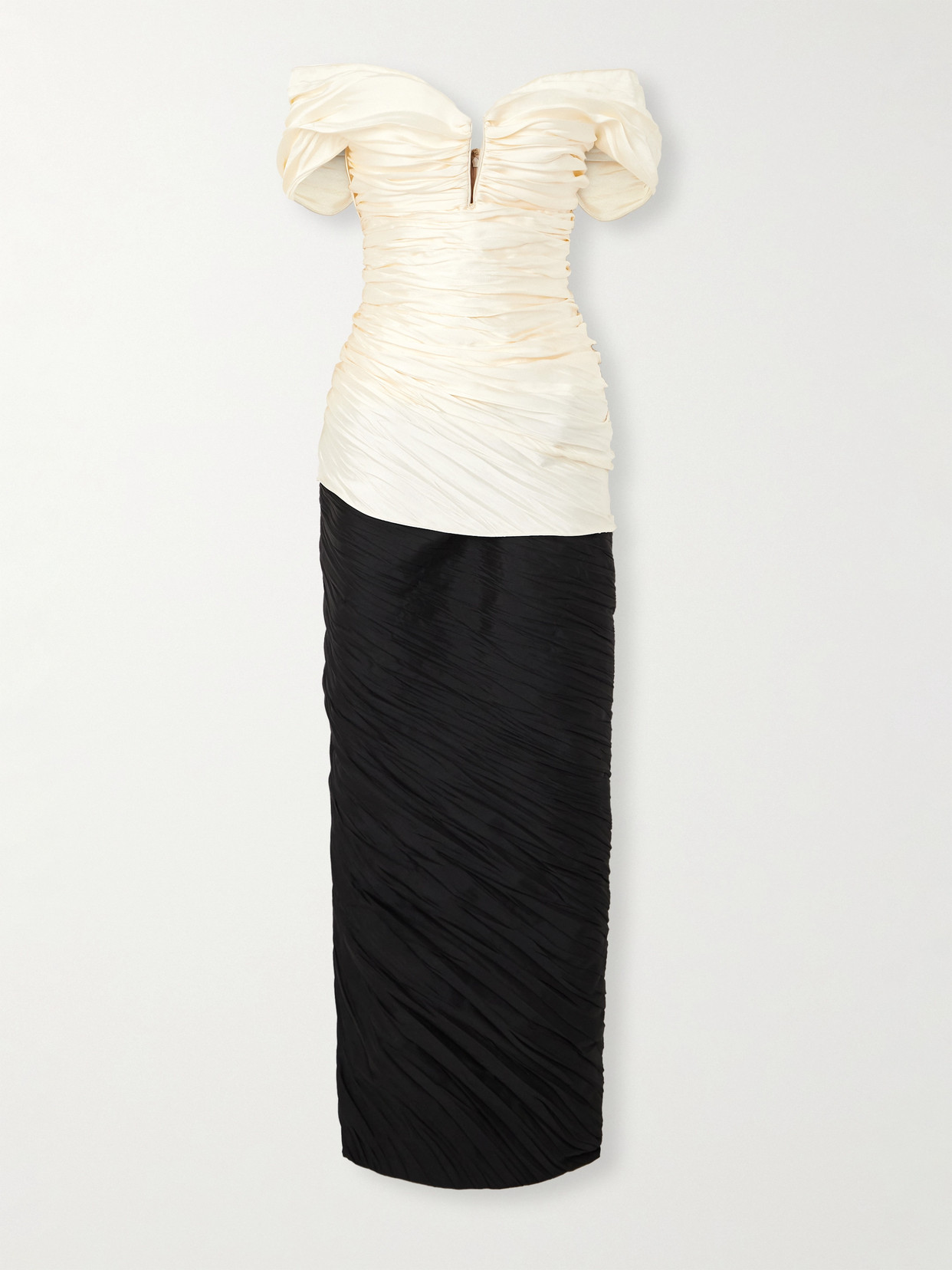 Marmar Halim Off-the-shoulder Pleated Two-tone Mikado And Taffeta Gown In Off-white
