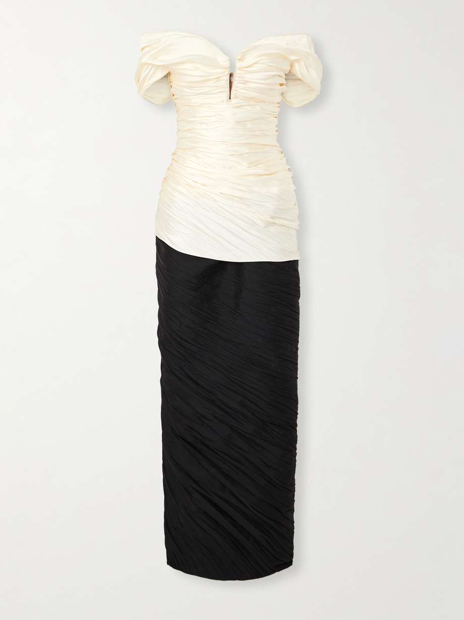 off-the-shoulder pleated two-tone mikado and taffeta gown