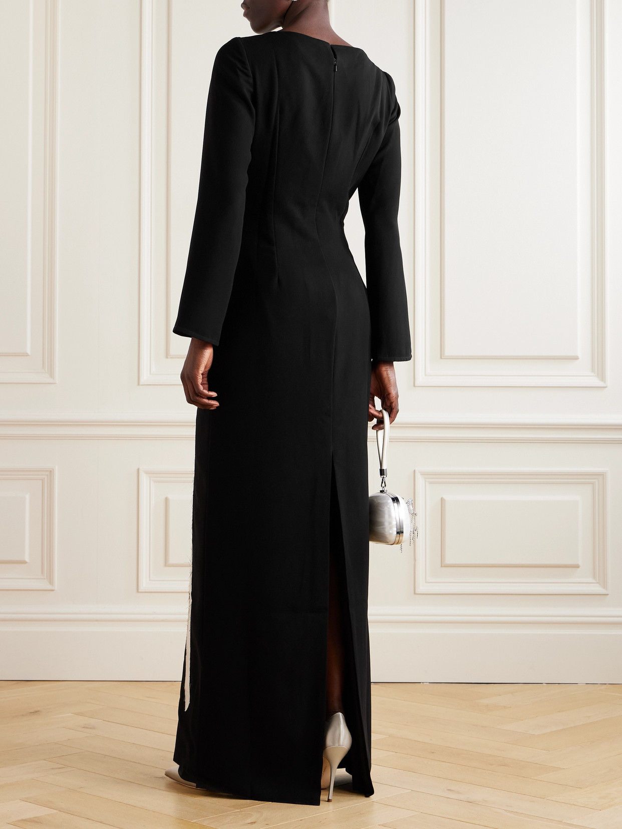 Marmar Halim Crystal-embellished Appliquéd Silk-blend Crepe Gown In Black