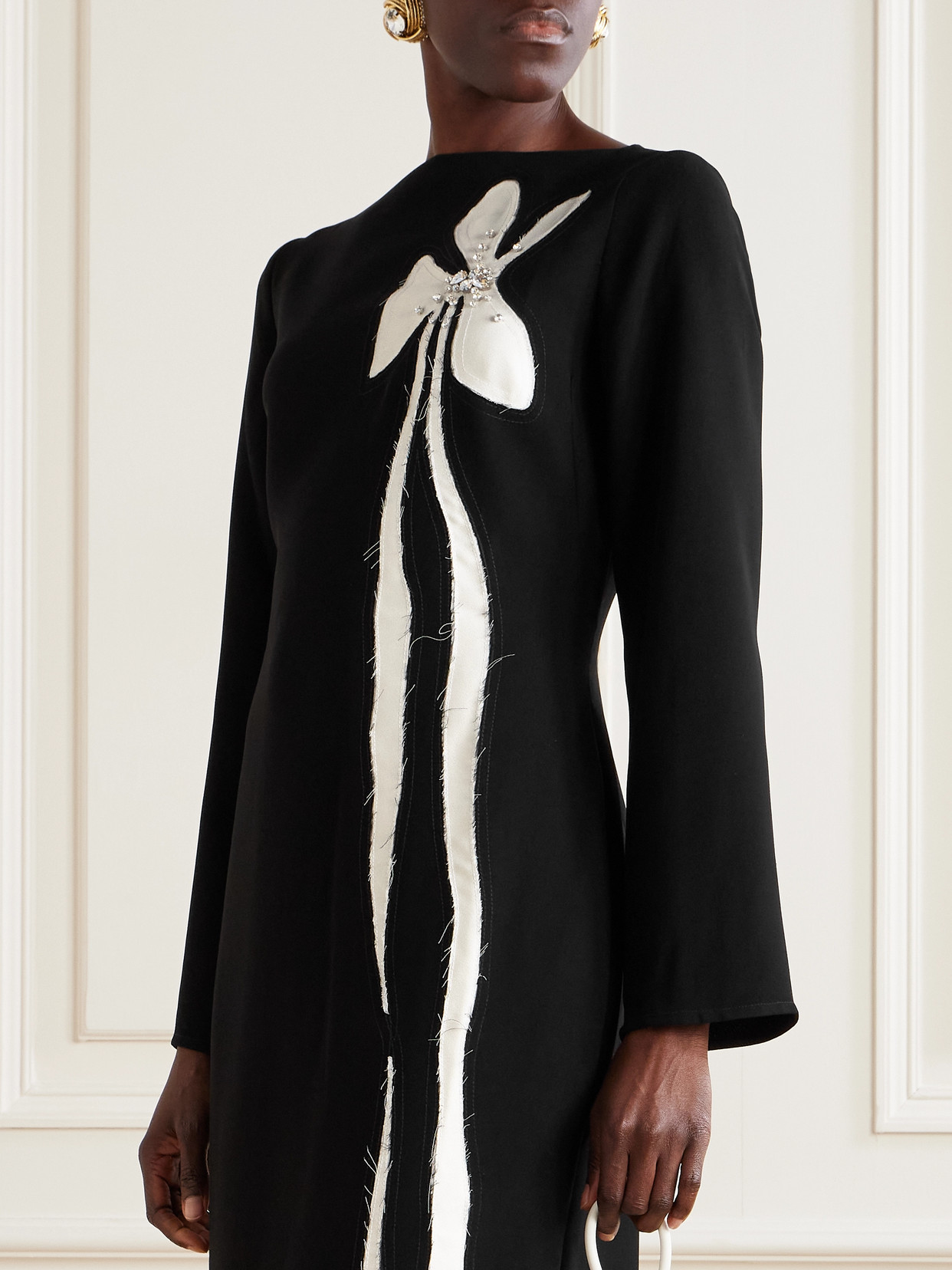 Marmar Halim Crystal-embellished Appliquéd Silk-blend Crepe Gown In Black