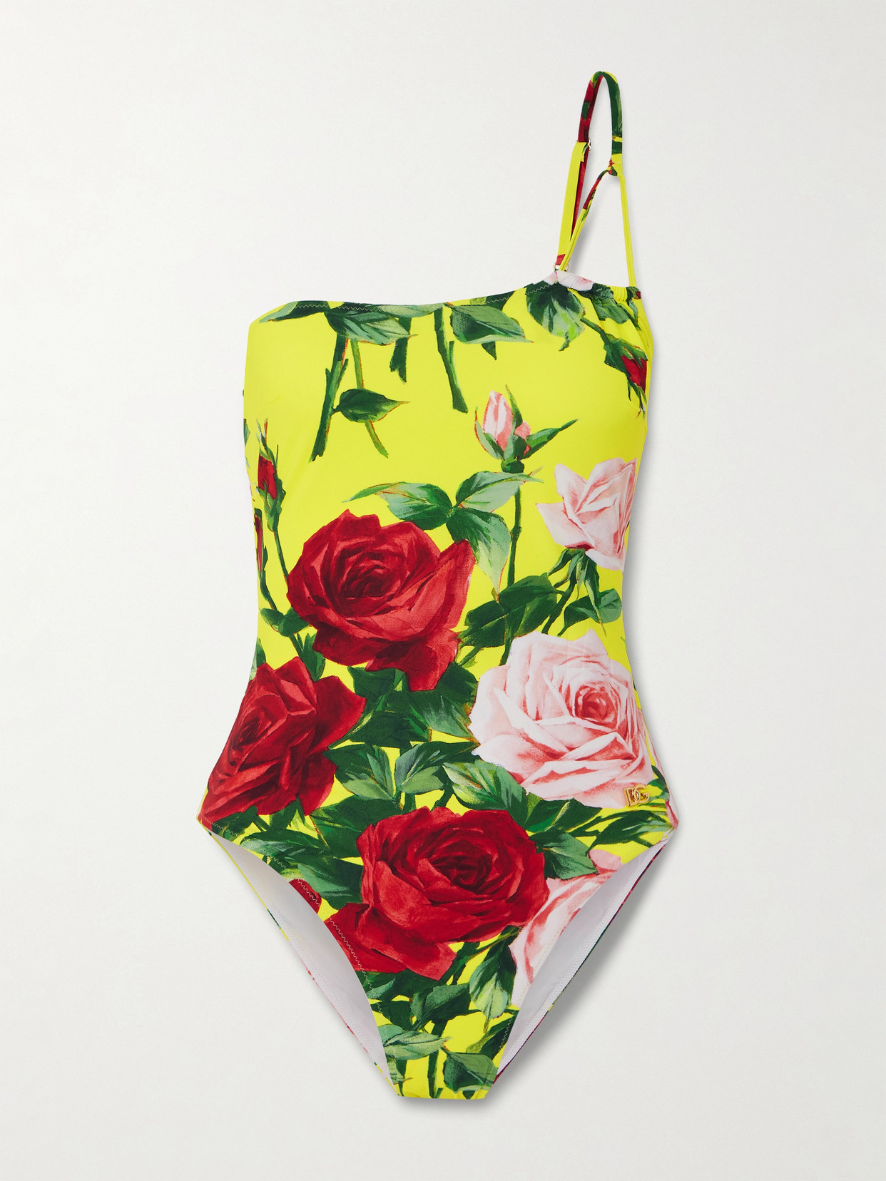 Dolce & Gabbana One-shoulder One-piece Swimsuit With Floral Bouquet Print In Green