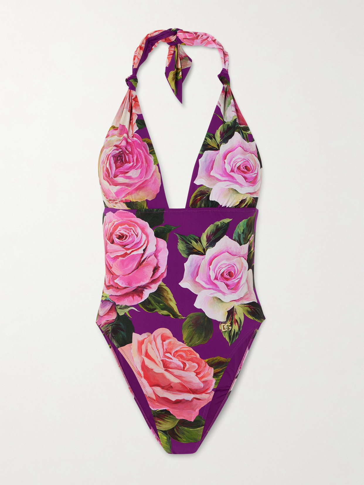 Dolce & Gabbana Embellished Floral-print Knotted Halterneck Swimsuit In Purple