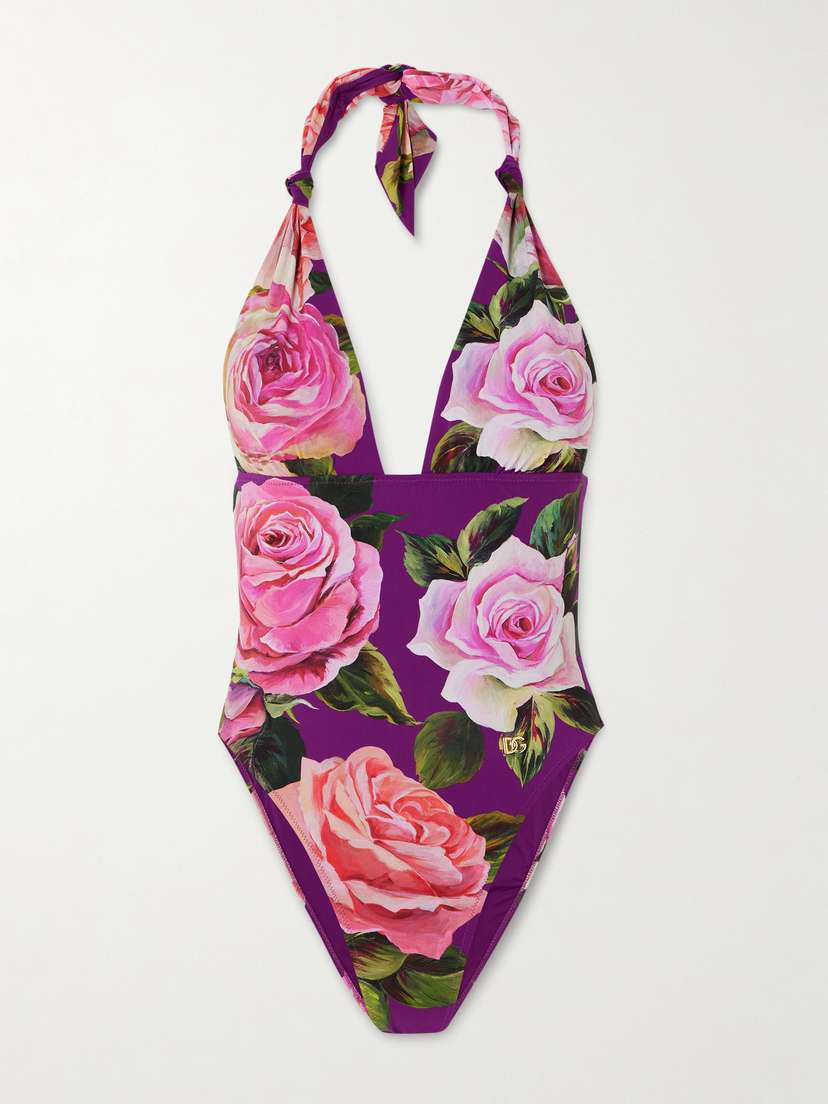 Dolce & Gabbana Embellished Floral-print Knotted Halterneck Swimsuit