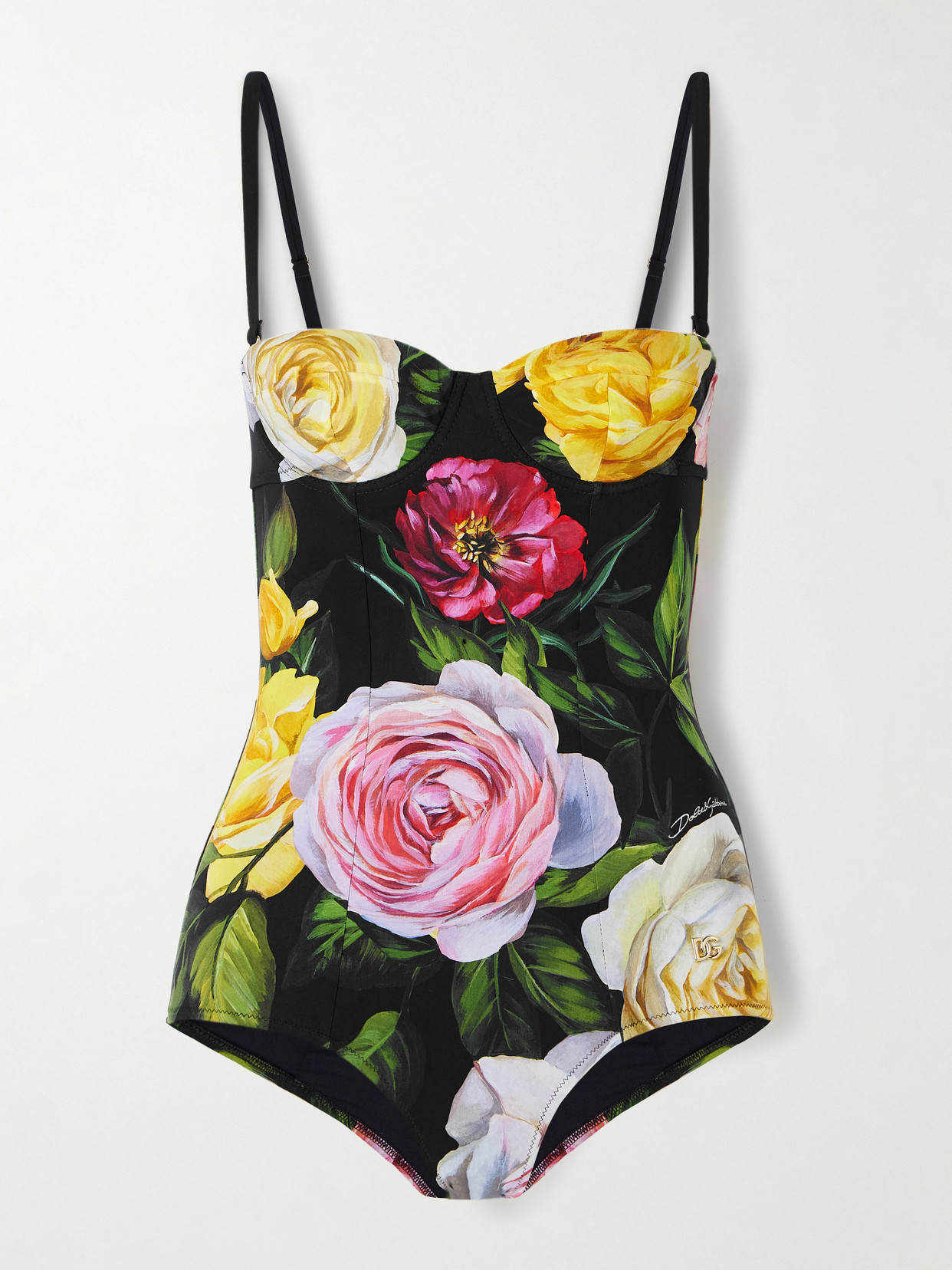 Dolce & Gabbana One-piece Swimsuit With Rose And Peony Print In Black