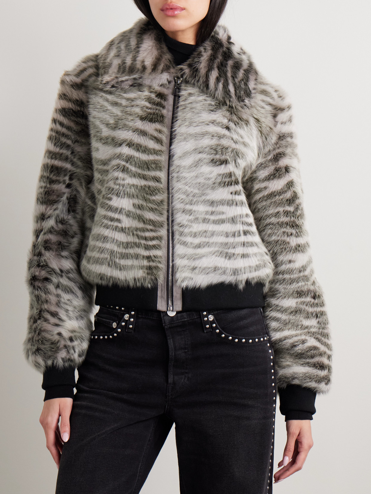 Dodo Bar Or Nia Zebra-print Shearling Bomber Jacket In Black
