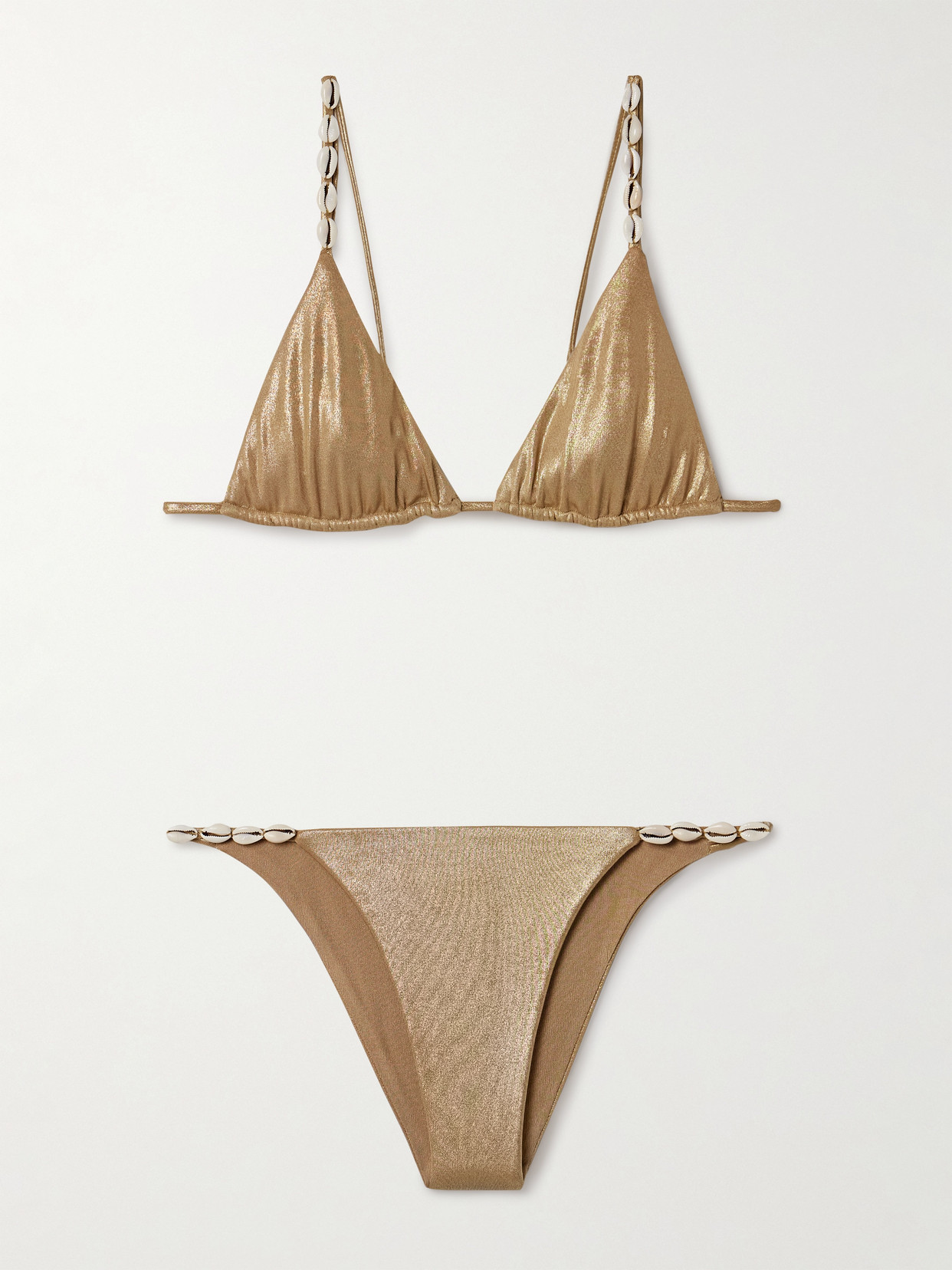 Sara Cristina Cowries Embellished Metallic Triangle Bikini In Gold