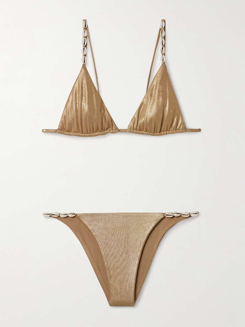 SARA CRISTINA Cowries Embellished Metallic Triangle Bikini