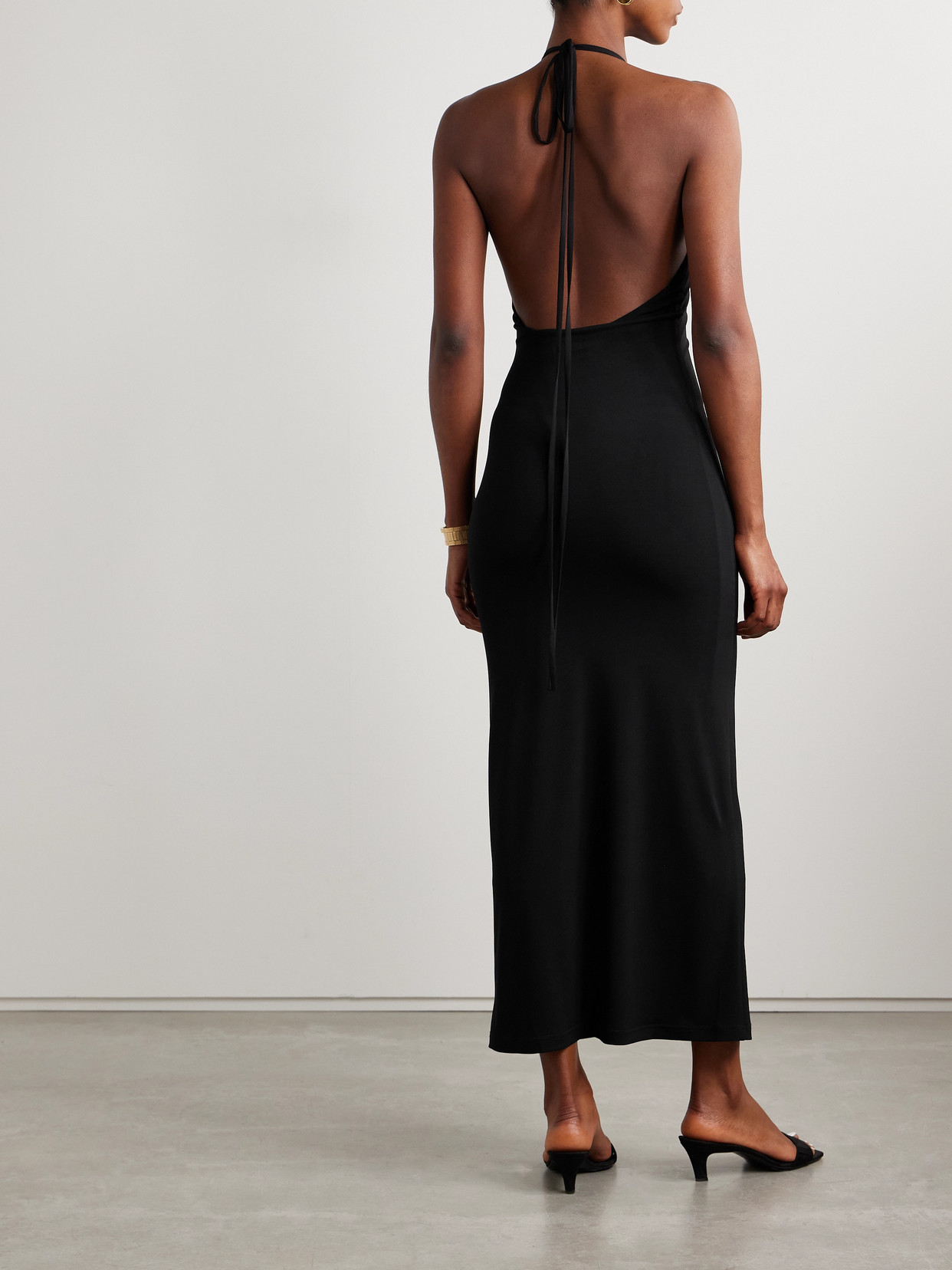 Sara Cristina Orchid Embellished Stretch-jersey Halterneck Maxi Dress In Black