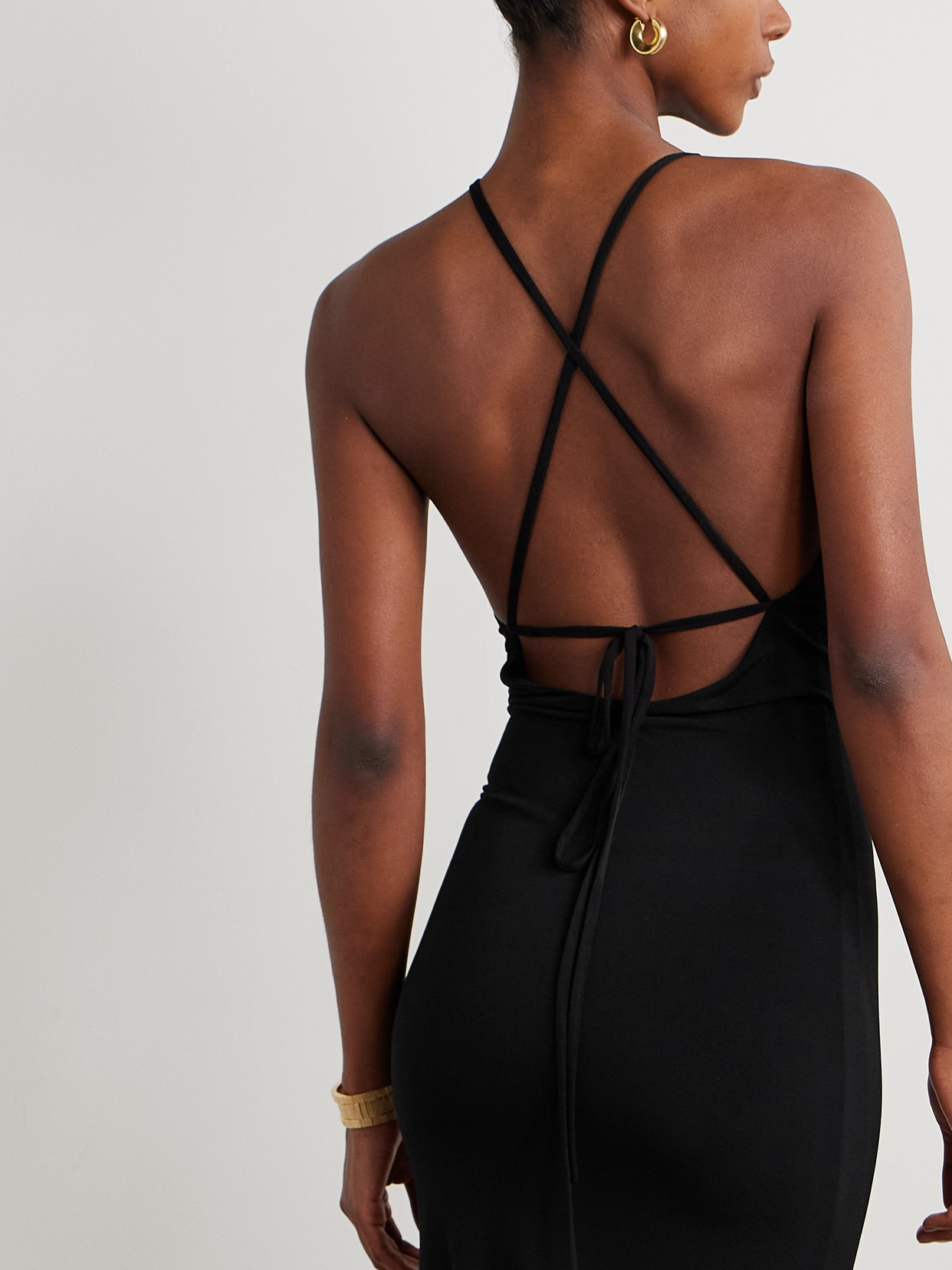 Sara Cristina Orchid Embellished Stretch-jersey Halterneck Maxi Dress In Black