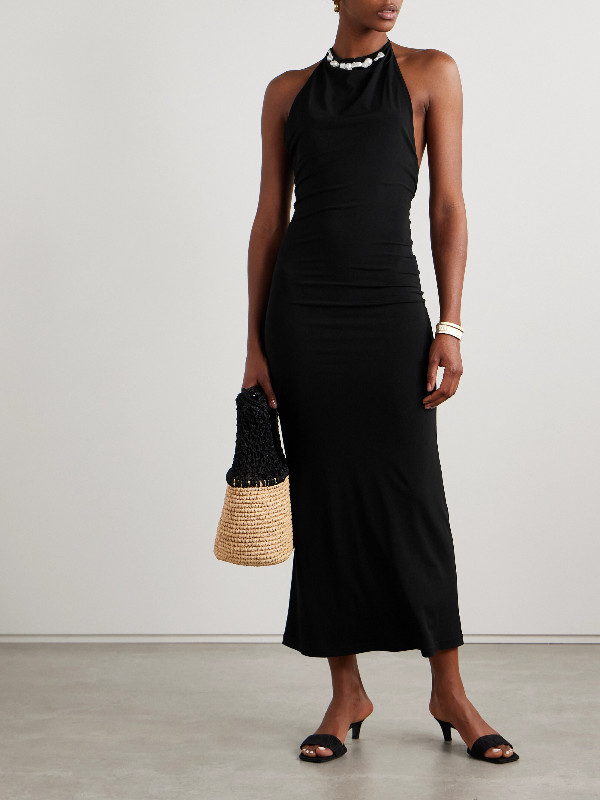 SARA CRISTINA Orchid embellished stretch-jersey halterneck maxi dress