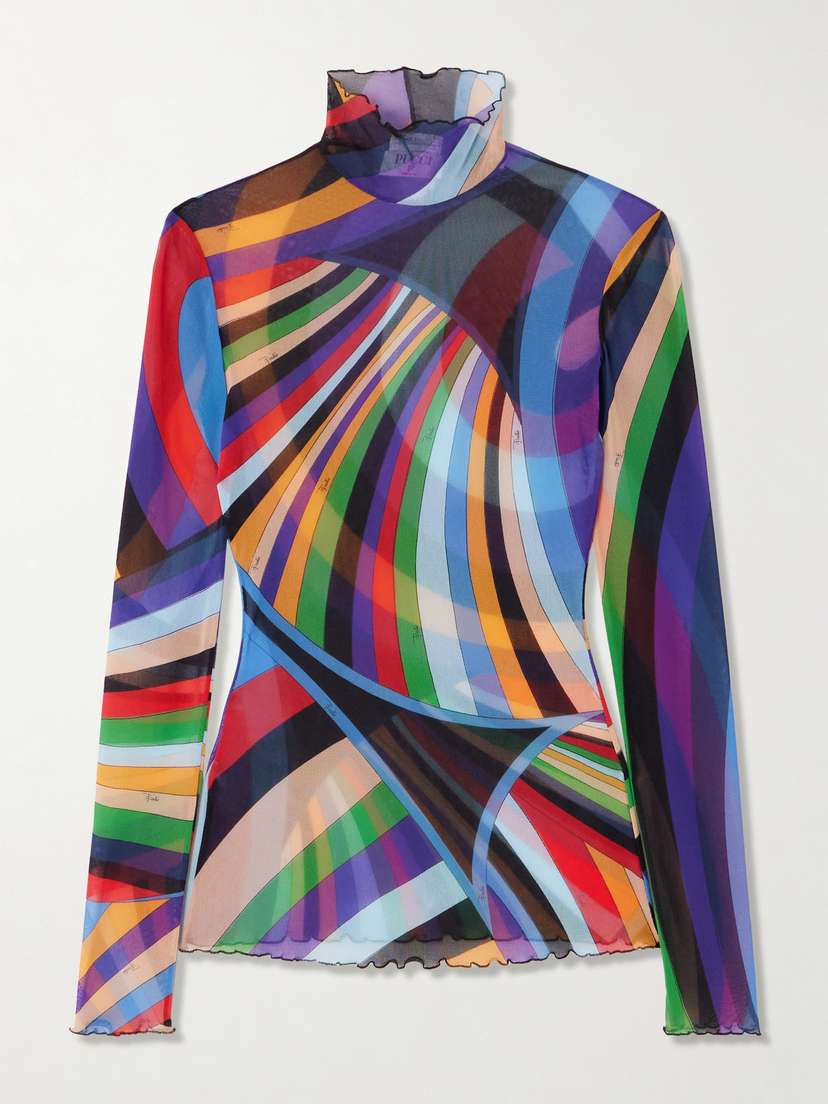 PUCCI Iride Printed Stretch-tulle Turtleneck Top