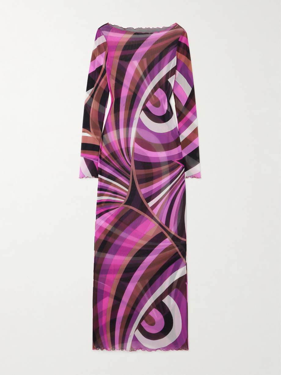 crystal-embellished printed tulle maxi dress