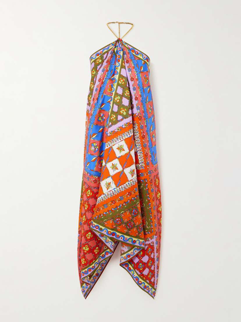 PUCCI Asymmetric Printed Silk-twill Halterneck Midi Dress