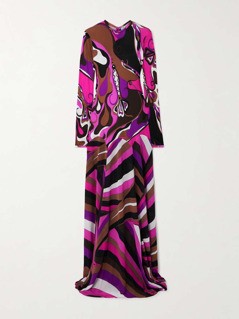 PUCCI Pleated Paneled Printed Satin-jersey And Stretch-mesh Maxi Dress