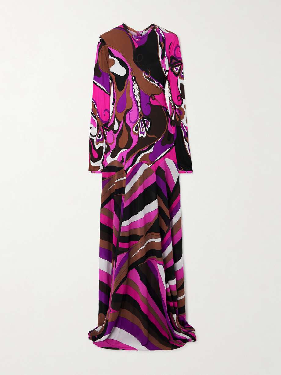 pleated paneled printed satin-jersey and stretch-mesh maxi dress