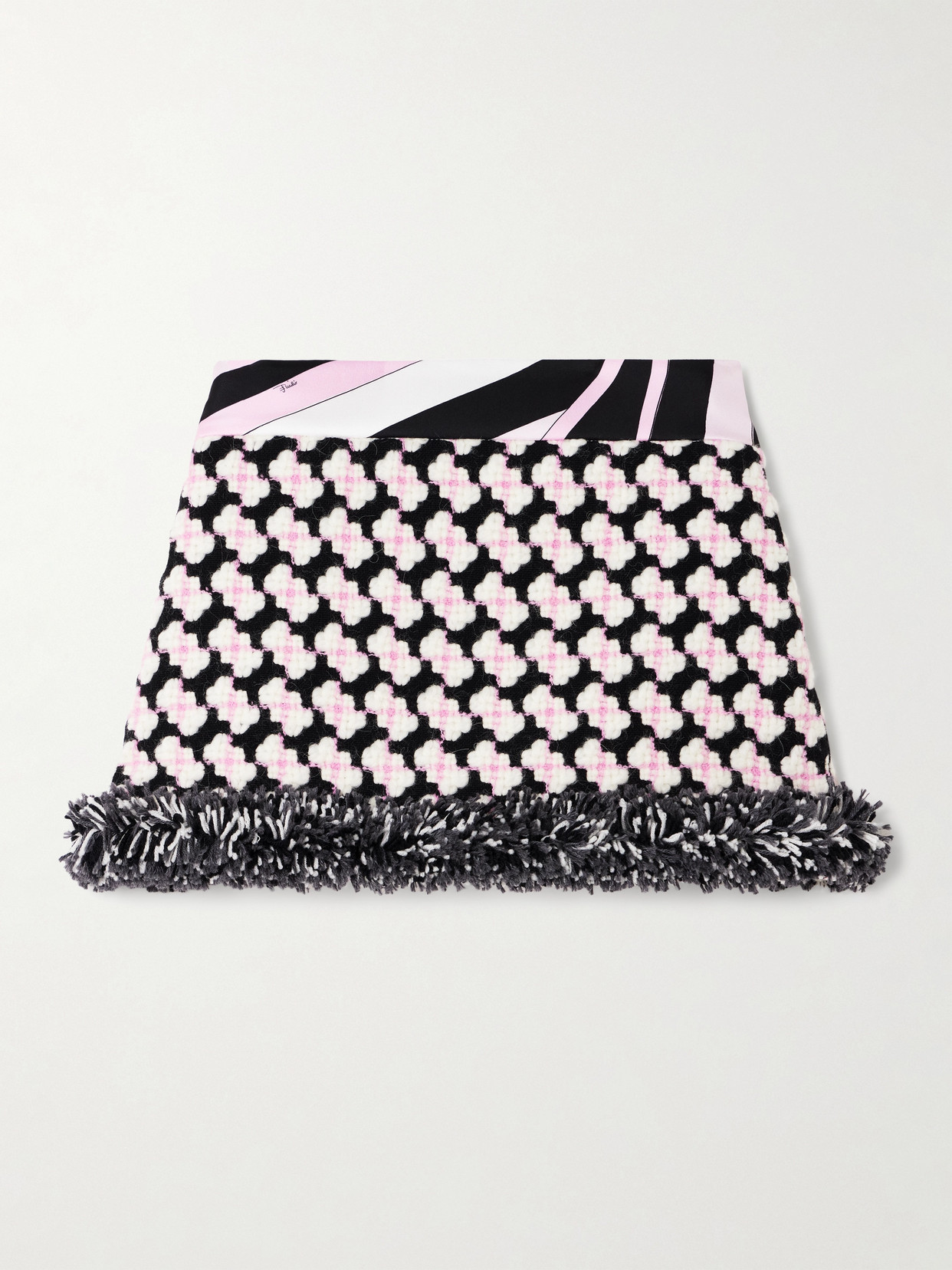 Pucci Printed Fringed Crepe-trimmed Wool-blend Tweed Mini Skirt In Pink