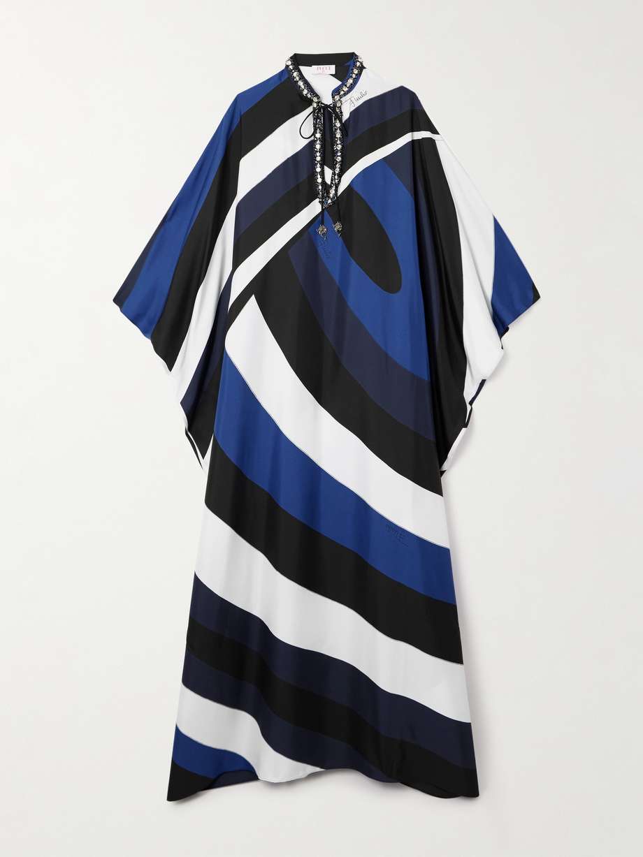 embellished tie-front printed silk-twill kaftan